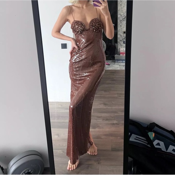 Roses Sequined Bustier Evening Gown In Mocha Shine, High-end Sequin Maxi - Picture 11 of 12